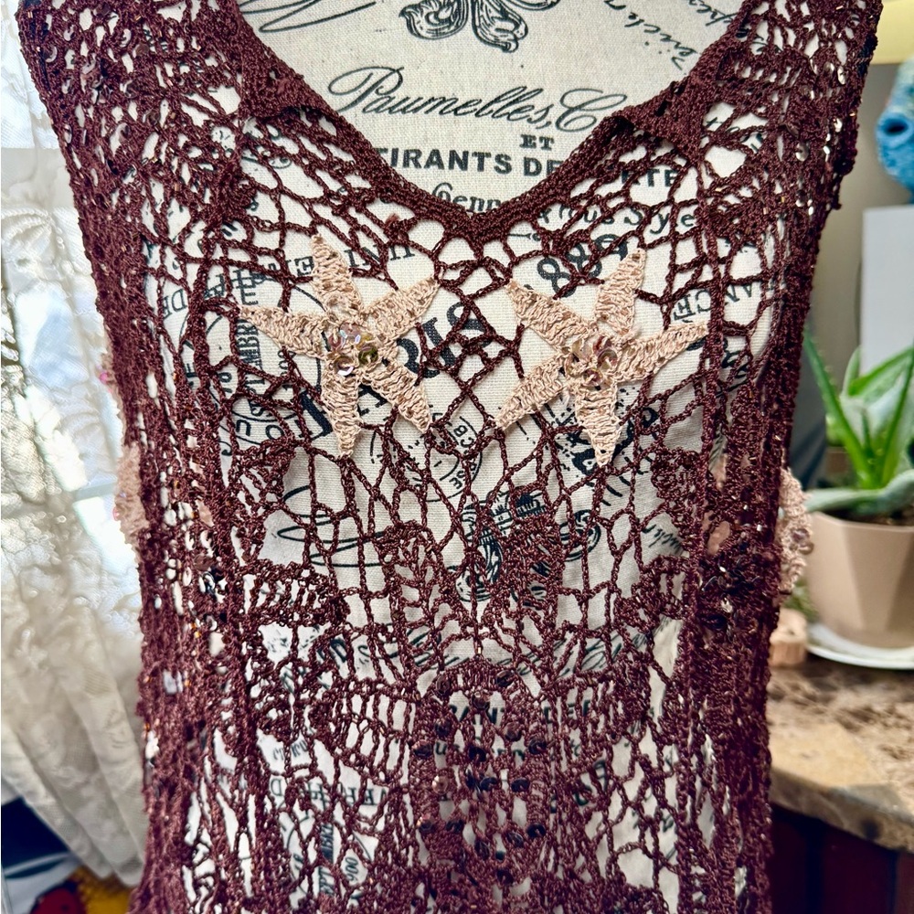 Cream and Brown Sleeveless Crochet Poncho